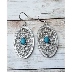 Silver Tone Ornate Dangle with Turquoise Tone & Clear Gems Large - New